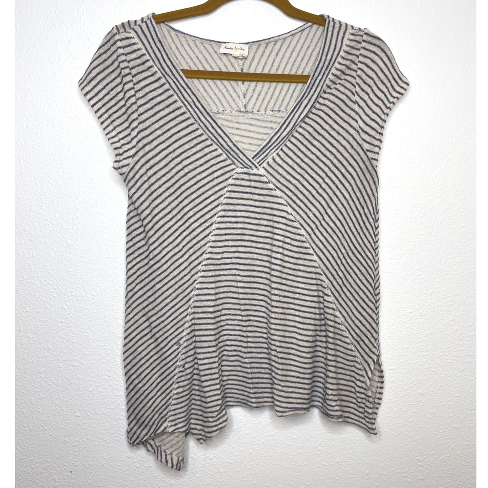 Anthropologie Meadow Rue Women Top Linen Blend Medium Cream Blue Stripe